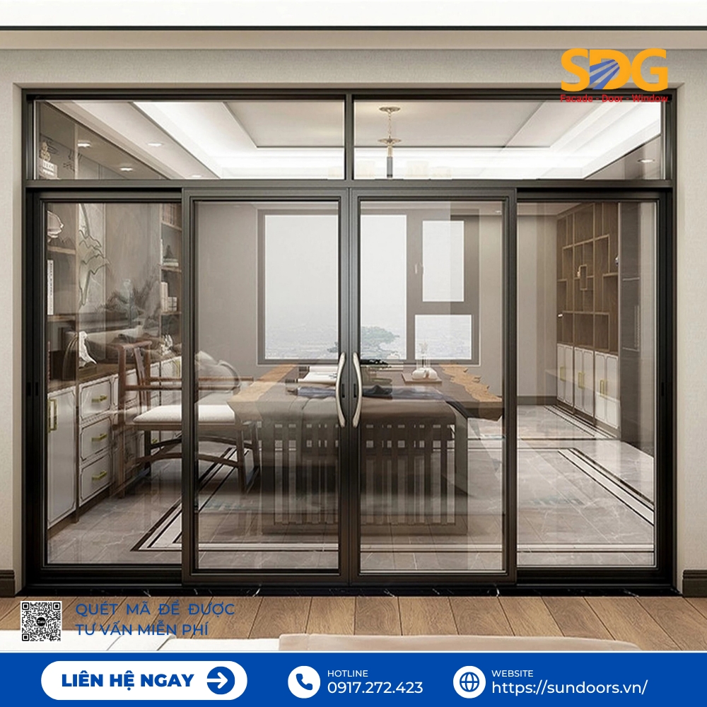 Mẫu cửa nhôm Xingfa 4 cánh sang trọng, khung chắc chắn, kính lớn giúp không gian luôn rộng mở và đón ánh sáng tự nhiên.
