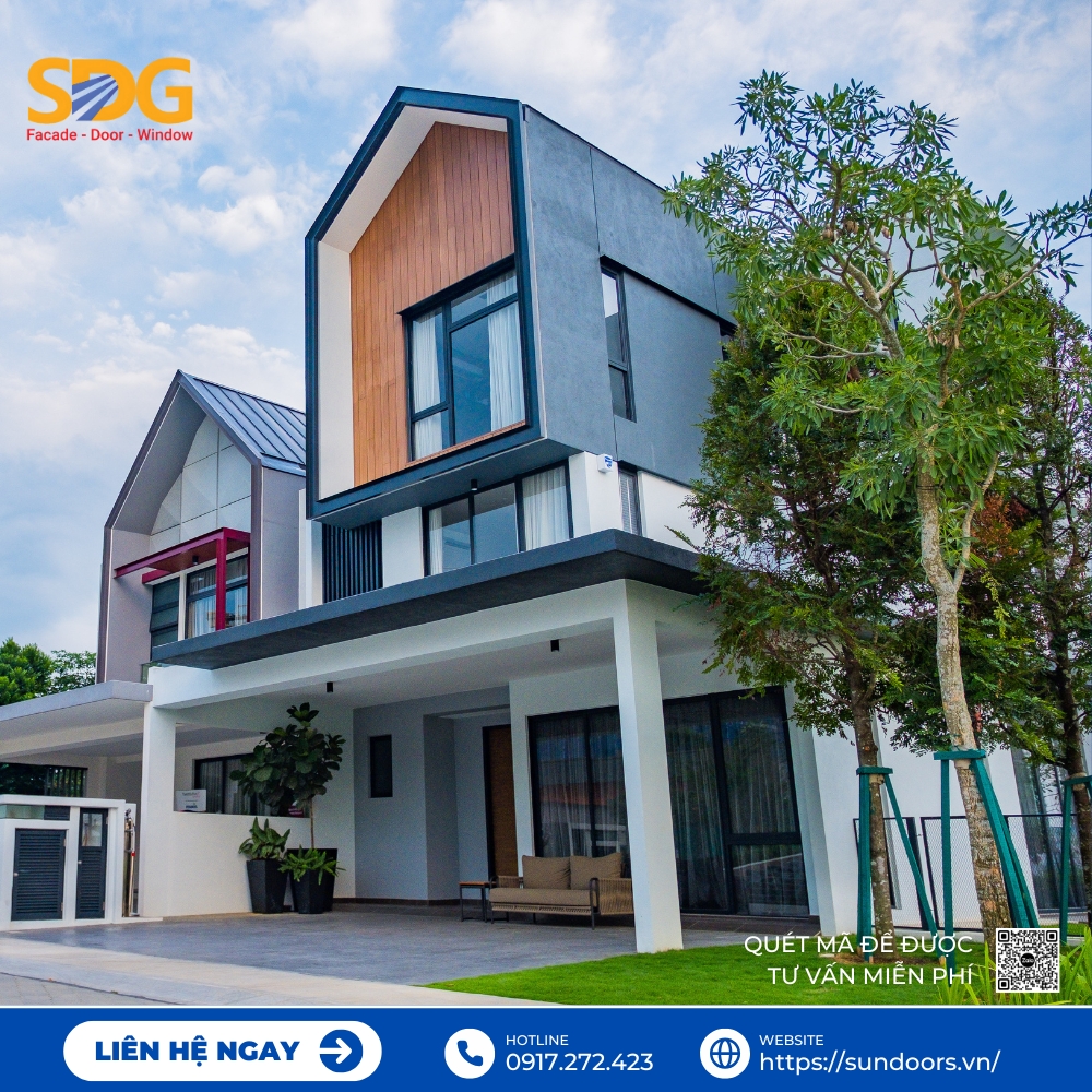 Cửa nhôm Xingfa thiết kế sang trọng, bản lề chắc chắn, màu đen tuyền hiện đại, phù hợp với phong cách nhà phố cao cấp hoặc biệt thự mini.