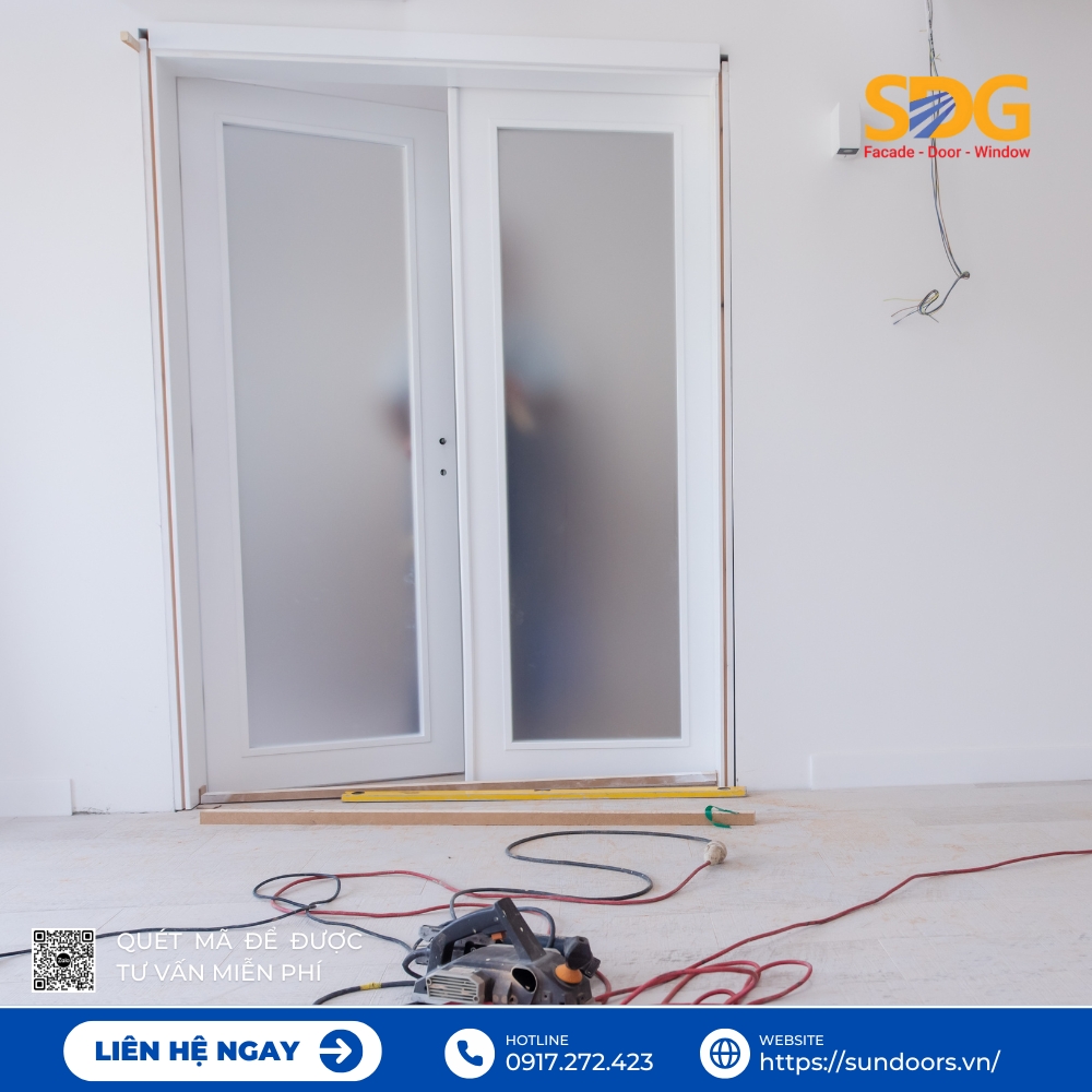 Hình ảnh kỹ thuật viên thi công cửa nhôm 2 cánh mở quay chuẩn xác, đảm bảo độ khít và vận hành trơn tru.